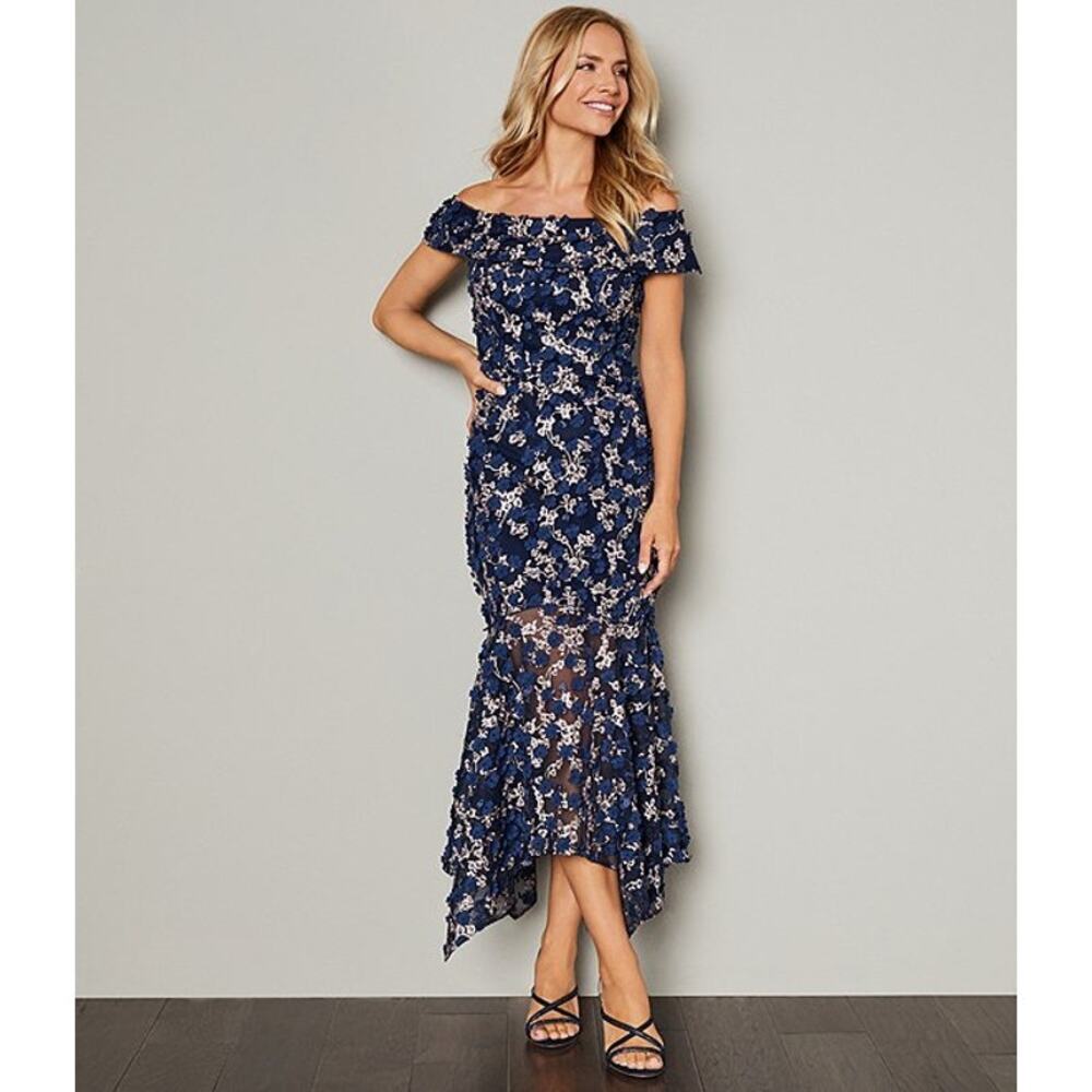 Xscape Off-The-Shoulder Embroidered Floral Lace Mermaid Gown Blue Size 10 Nwt